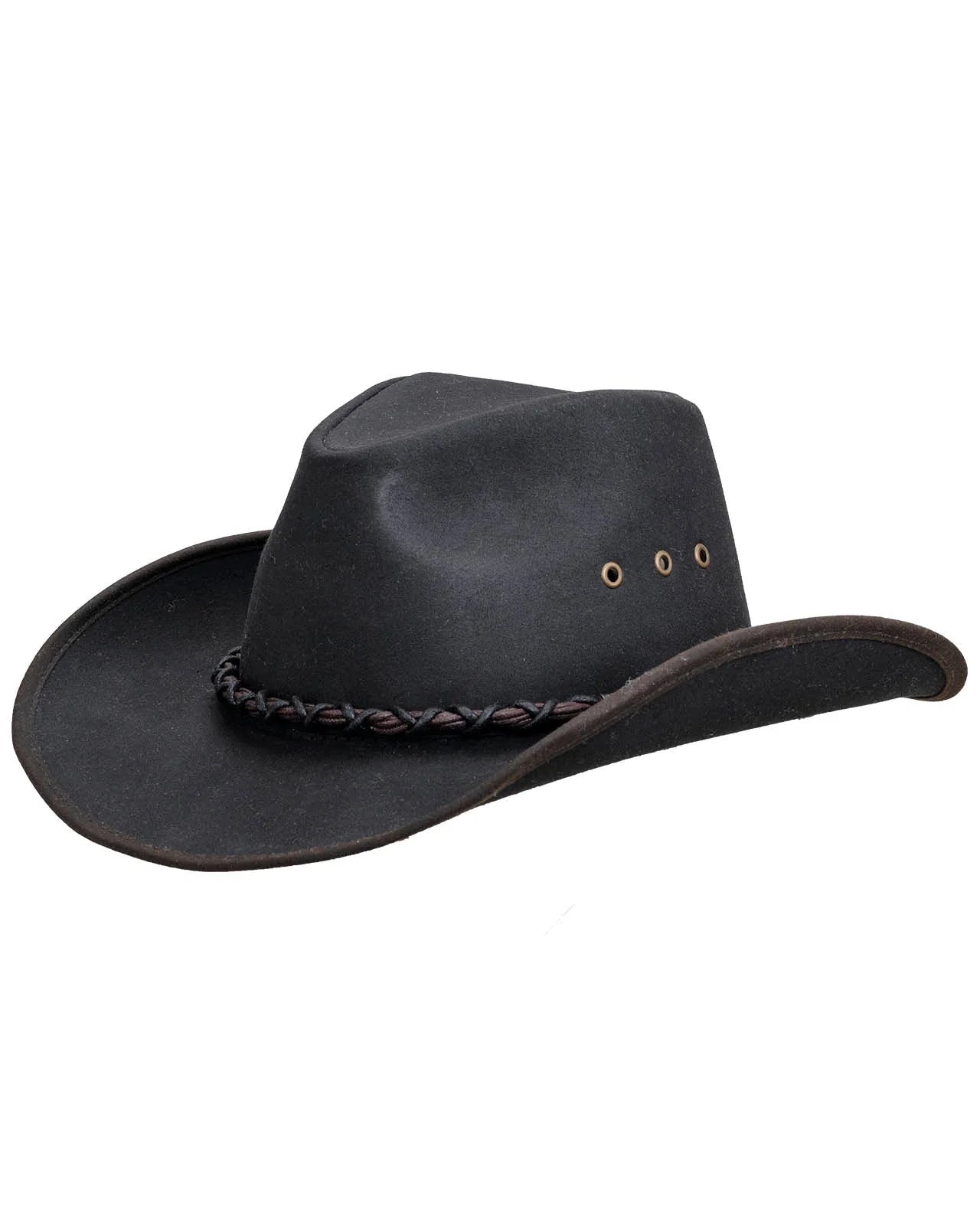 Bootlegger Oilskin Hat in black by Outback Trading Co., showcasing its structured crown, wire brim, chin cord, and moisture-wicking sweatband. Photos include front, side, and rear views highlighting the hat’s rugged material, shape, and functional details.