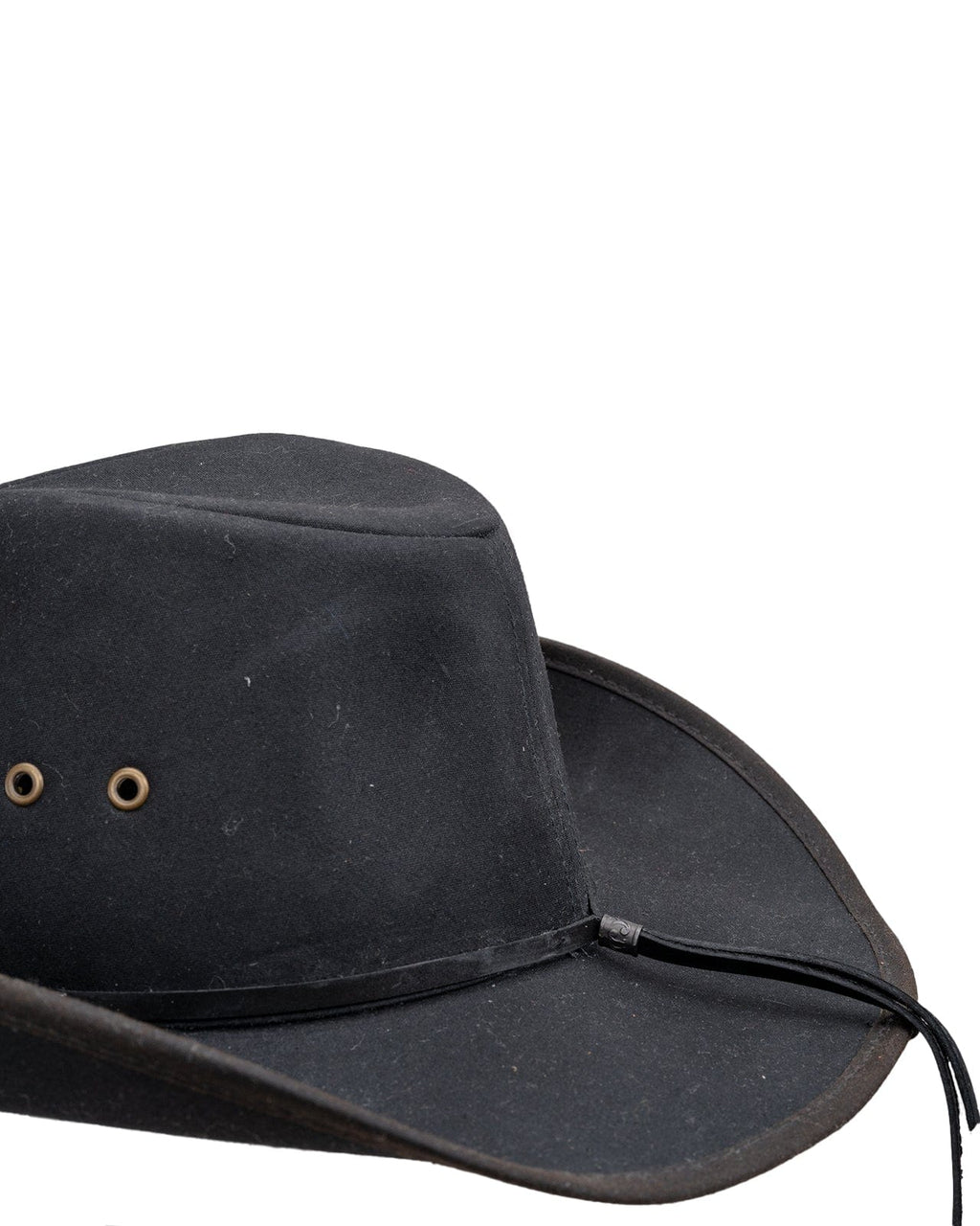 Bootlegger Oilskin Hat in black by Outback Trading Co., showcasing its structured crown, wire brim, chin cord, and moisture-wicking sweatband. Photos include front, side, and rear views highlighting the hat’s rugged material, shape, and functional details.