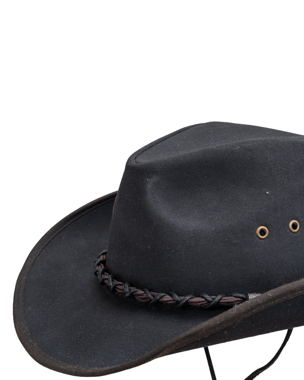 Bootlegger Oilskin Hat in black by Outback Trading Co., showcasing its structured crown, wire brim, chin cord, and moisture-wicking sweatband. Photos include front, side, and rear views highlighting the hat’s rugged material, shape, and functional details.