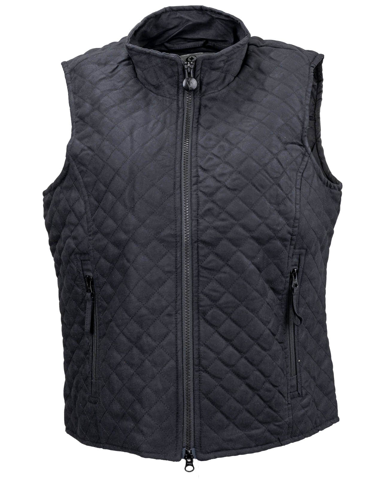Women’s Grand Prix Vest by Outback Trading Co. in black, highlighting the quilted microsuede fabric, 2-way zipper closure, zippered pockets, adjustable back tabs, and drop-tail hem. Photos provide front, back, and close-up views emphasizing texture, fit, and craftsmanship.