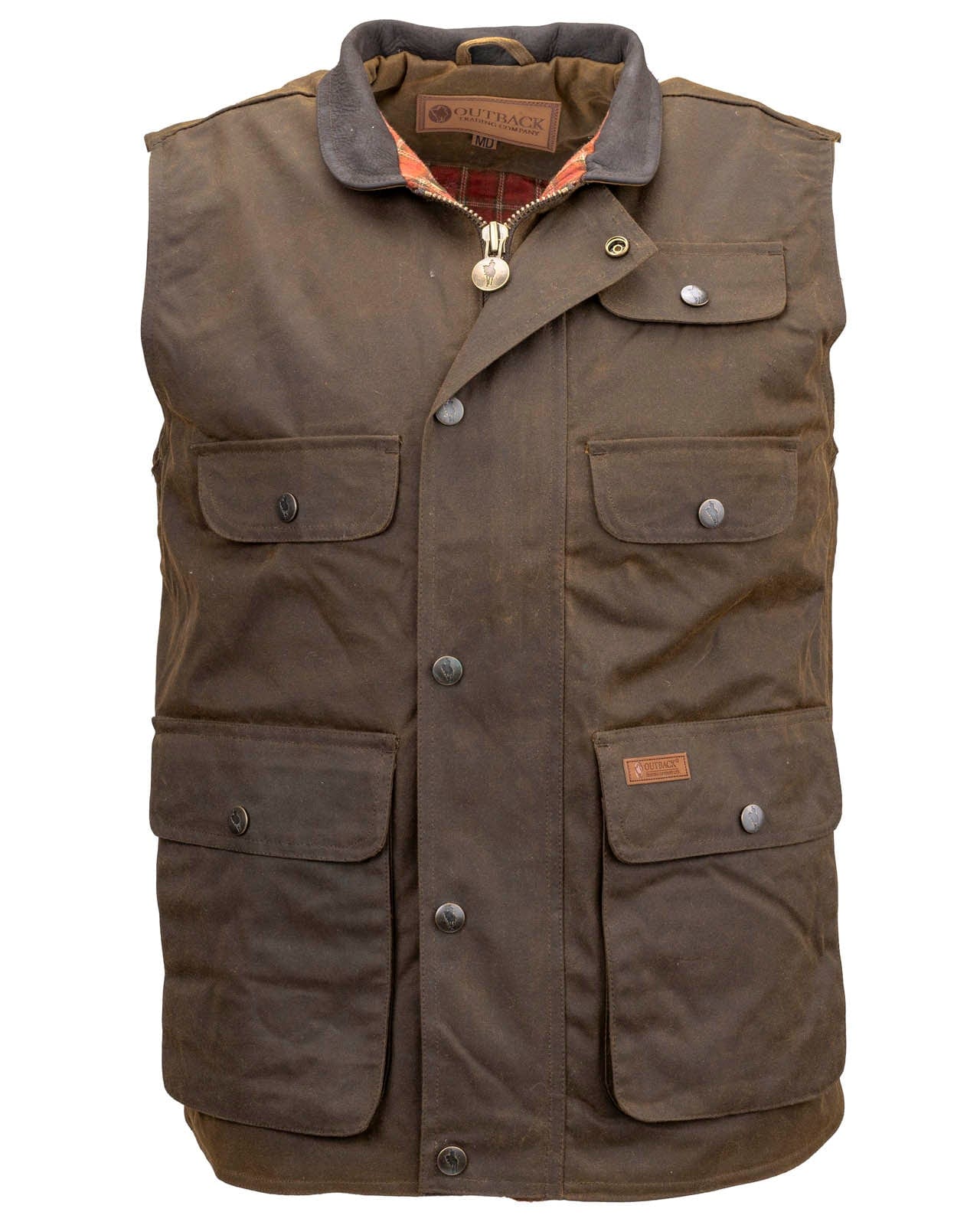 Men's Overlander Vest by Outlander Trading Co. showcasing its rugged water-resistant fabric, front zip and snap closure, multiple pockets, and adjustable side tabs. Views include front, back, and close-up shots highlighting functional details and sturdy craftsmanship.