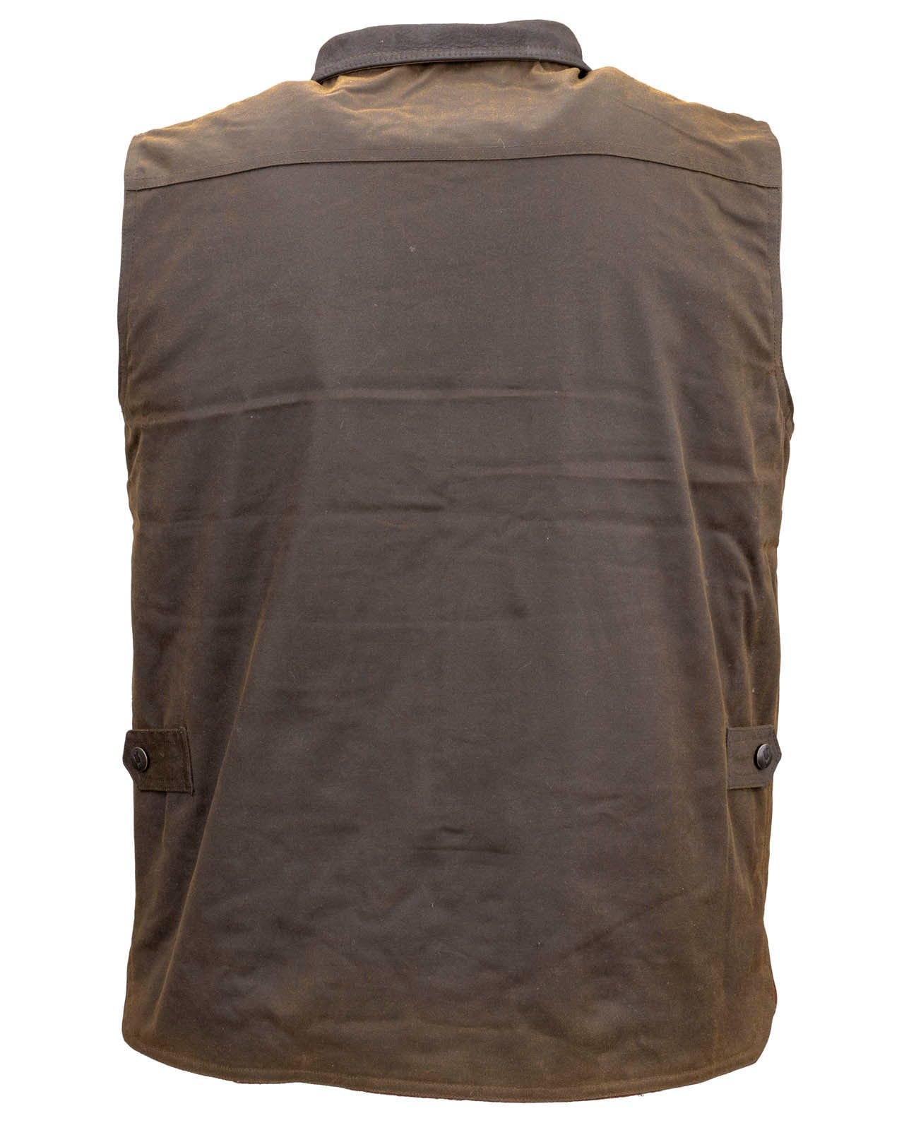 Men's Overlander Vest by Outlander Trading Co. showcasing its rugged water-resistant fabric, front zip and snap closure, multiple pockets, and adjustable side tabs. Views include front, back, and close-up shots highlighting functional details and sturdy craftsmanship.