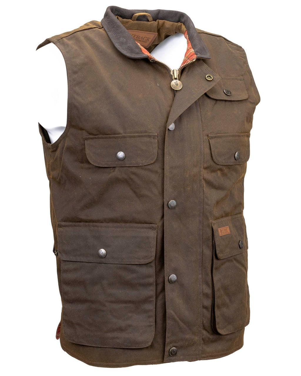 Men's Overlander Vest by Outlander Trading Co. showcasing its rugged water-resistant fabric, front zip and snap closure, multiple pockets, and adjustable side tabs. Views include front, back, and close-up shots highlighting functional details and sturdy craftsmanship.