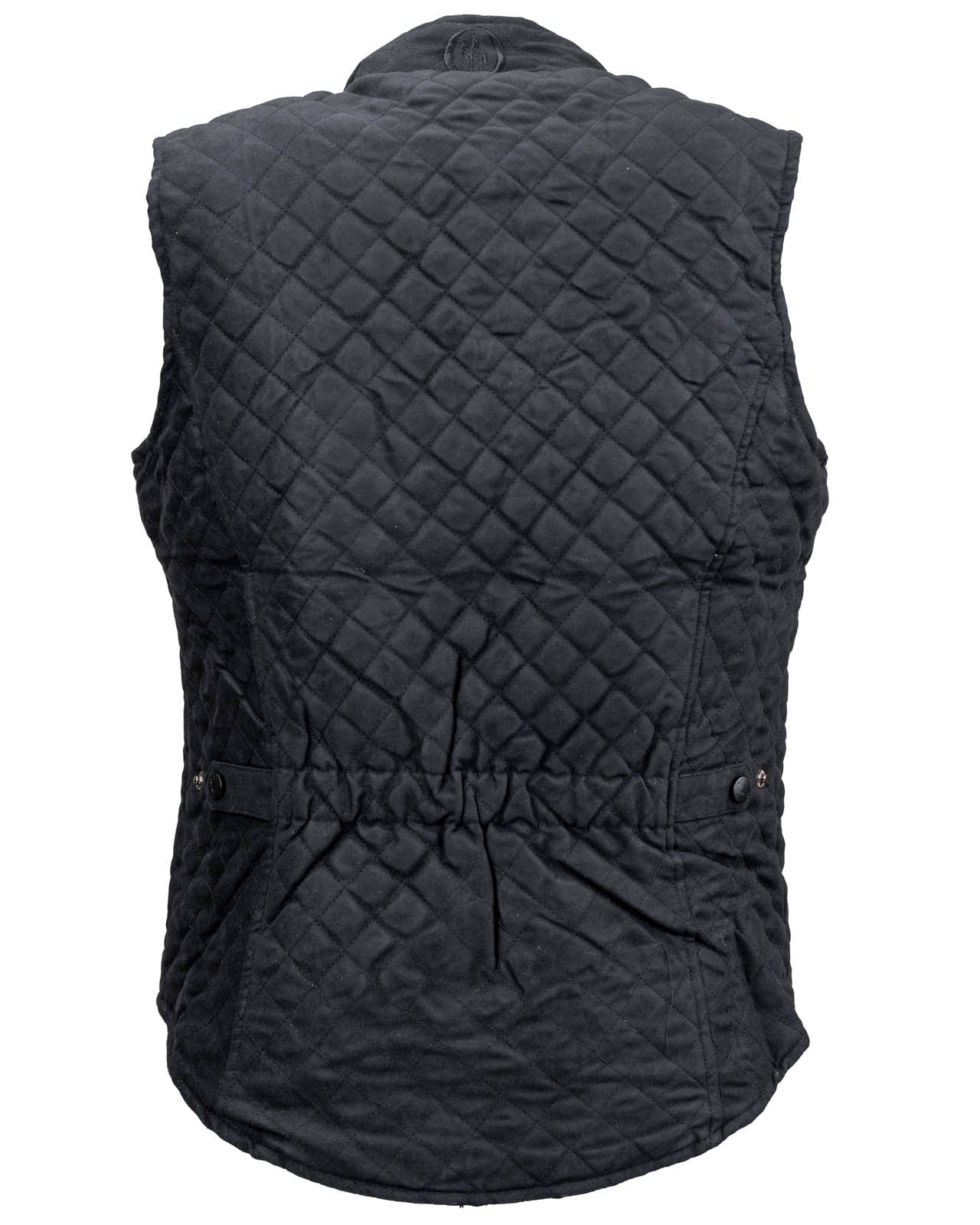 Women’s Grand Prix Vest by Outback Trading Co. in black, highlighting the quilted microsuede fabric, 2-way zipper closure, zippered pockets, adjustable back tabs, and drop-tail hem. Photos provide front, back, and close-up views emphasizing texture, fit, and craftsmanship.