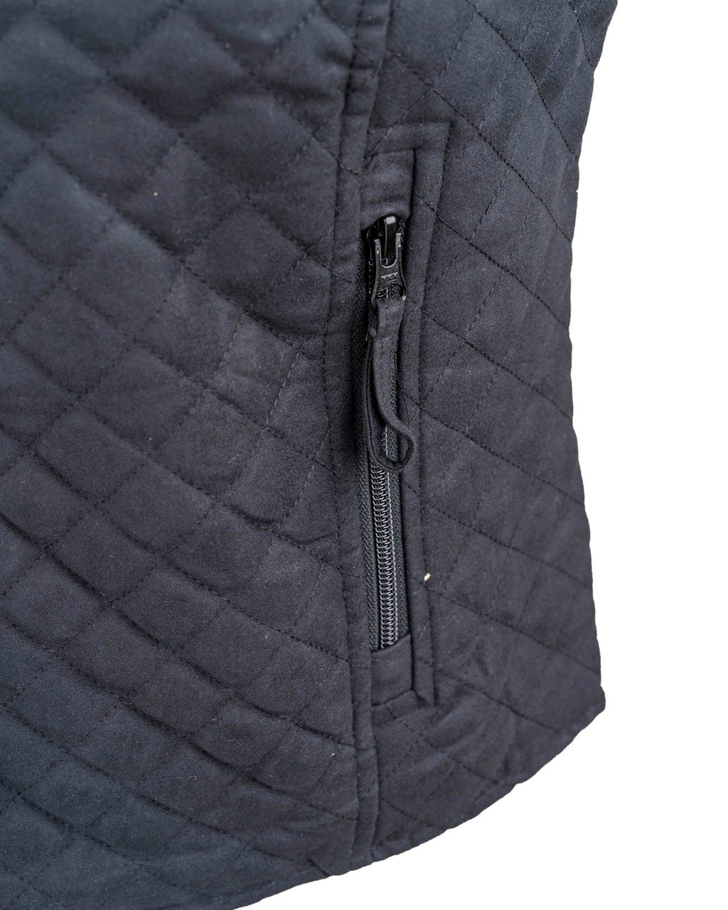 Women’s Grand Prix Vest by Outback Trading Co. in black, highlighting the quilted microsuede fabric, 2-way zipper closure, zippered pockets, adjustable back tabs, and drop-tail hem. Photos provide front, back, and close-up views emphasizing texture, fit, and craftsmanship.
