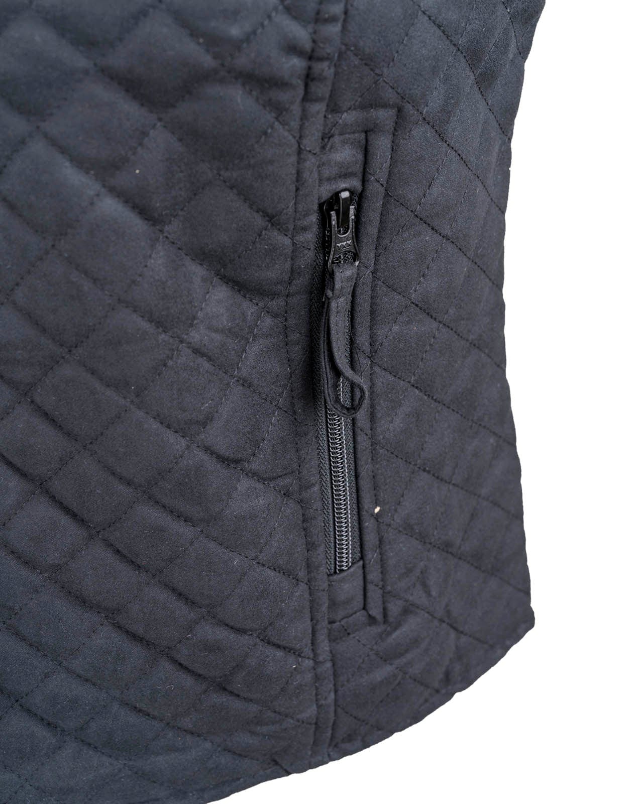 Women’s Grand Prix Vest by Outback Trading Co. in black, highlighting the quilted microsuede fabric, 2-way zipper closure, zippered pockets, adjustable back tabs, and drop-tail hem. Photos provide front, back, and close-up views emphasizing texture, fit, and craftsmanship.