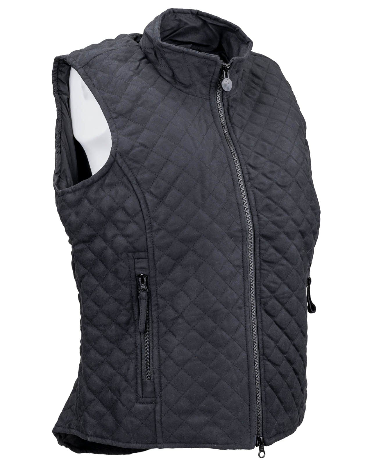Women’s Grand Prix Vest by Outback Trading Co. in black, highlighting the quilted microsuede fabric, 2-way zipper closure, zippered pockets, adjustable back tabs, and drop-tail hem. Photos provide front, back, and close-up views emphasizing texture, fit, and craftsmanship.