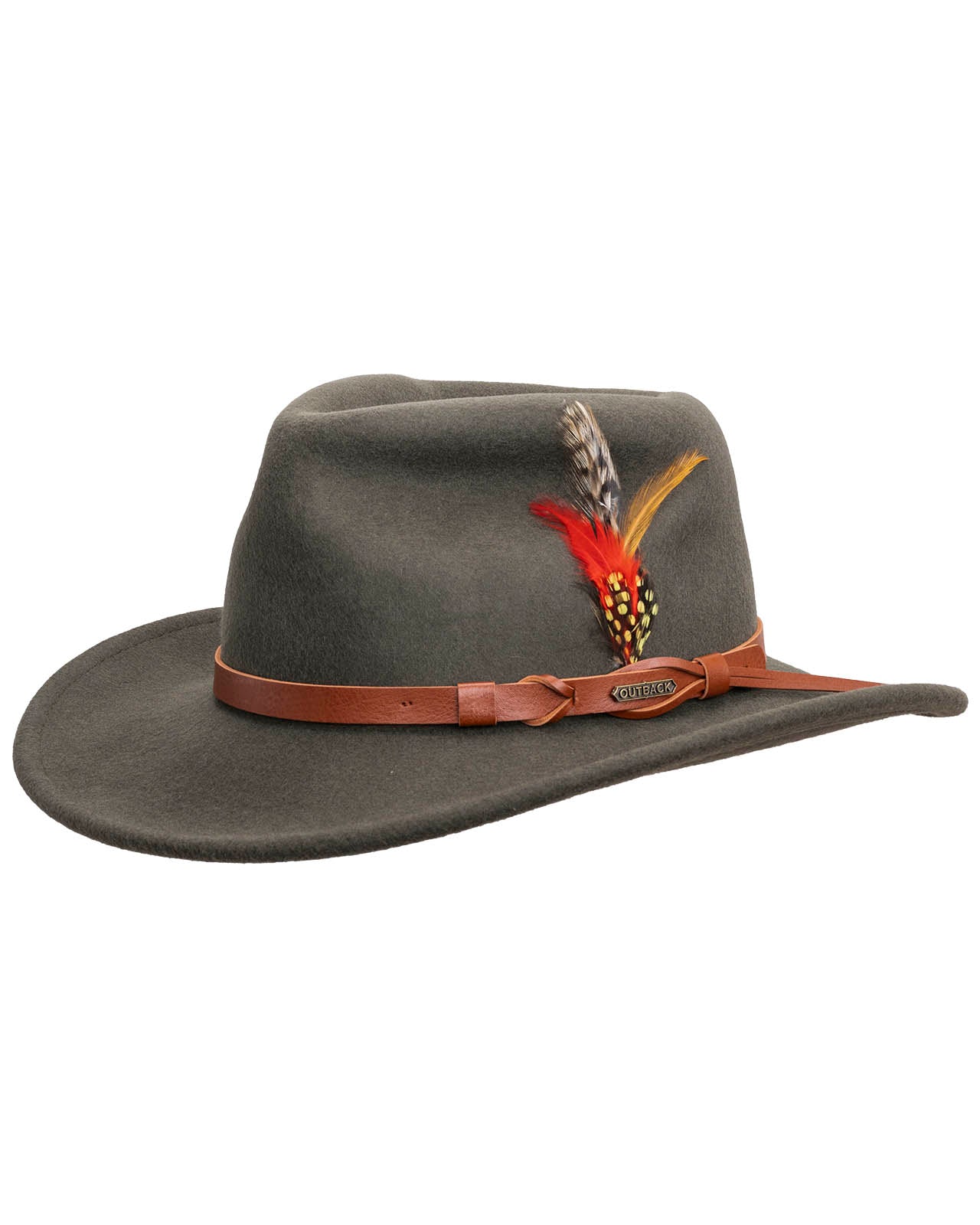 The Randwick Wool Hat by Outback Trading Co. in moss, highlighting its soft wool texture, classic western crown, sturdy brim, distinctive accent feather, and comfortable sateen lining. Photos provide front, side, and back views demonstrating fit and design details.