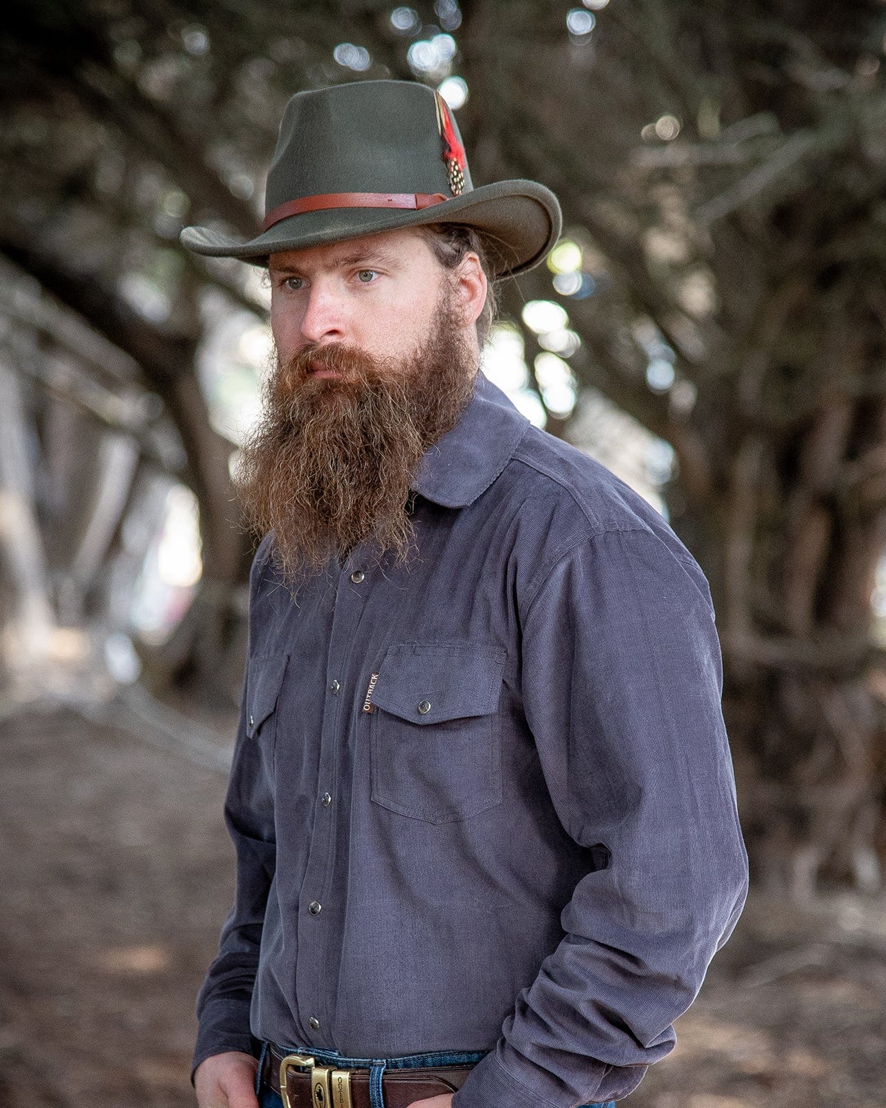 The Randwick Wool Hat by Outback Trading Co. in moss, highlighting its soft wool texture, classic western crown, sturdy brim, distinctive accent feather, and comfortable sateen lining. Photos provide front, side, and back views demonstrating fit and design details.