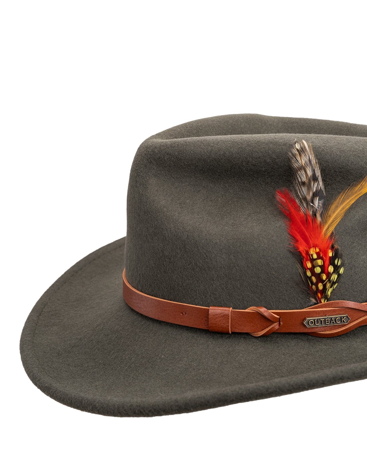 The Randwick Wool Hat by Outback Trading Co. in moss, highlighting its soft wool texture, classic western crown, sturdy brim, distinctive accent feather, and comfortable sateen lining. Photos provide front, side, and back views demonstrating fit and design details.
