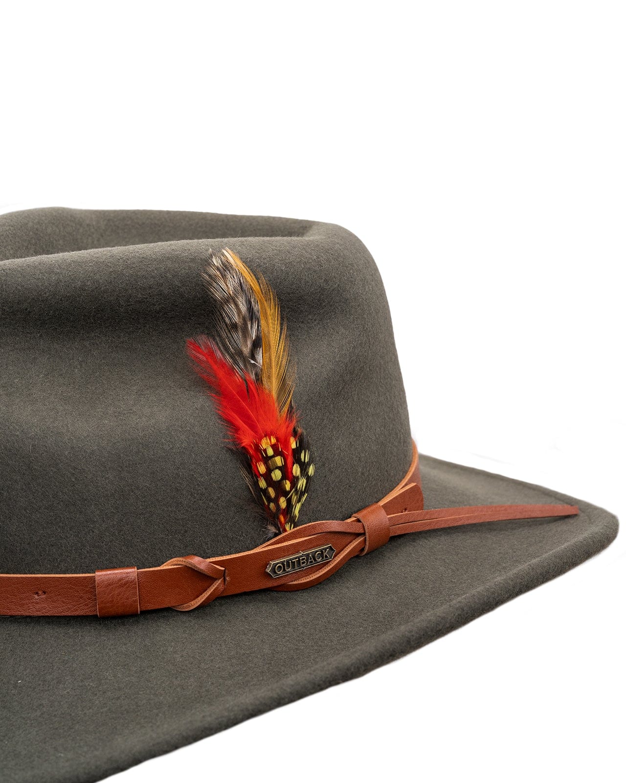 The Randwick Wool Hat by Outback Trading Co. in moss, highlighting its soft wool texture, classic western crown, sturdy brim, distinctive accent feather, and comfortable sateen lining. Photos provide front, side, and back views demonstrating fit and design details.