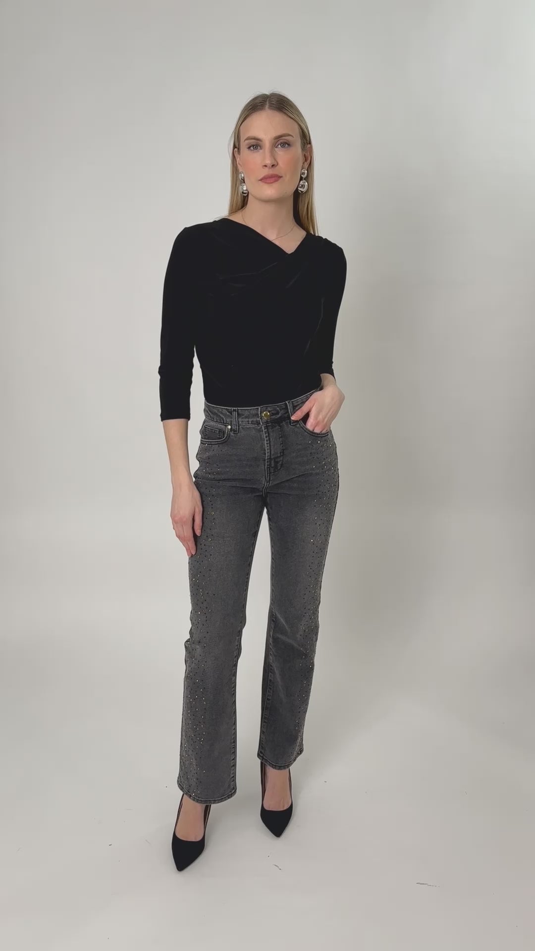 High-Waisted Edgy Jeans by Frank Lyman, showcasing the sleek black denim, structured high waist, and straight leg fit. Multiple angles include front, back, and details of pockets and stitching, highlighting the jeans’ refined finish and fit.
