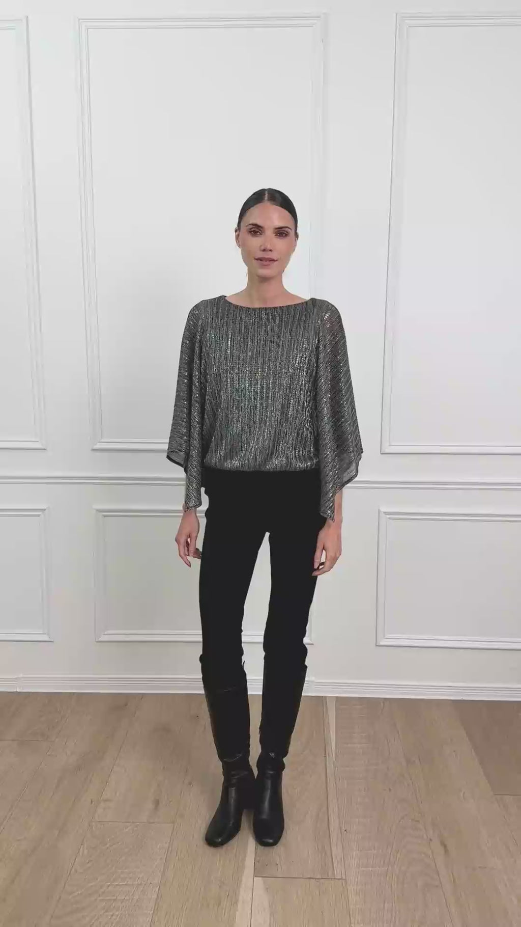 Sequined Pleated Knit Layered Top by Joseph Ribkoff, highlighting the pleated knit texture, shimmering sequin accents, and layered design. Photos include front, back, and close-up views to emphasize the fabric’s sparkle and construction details.