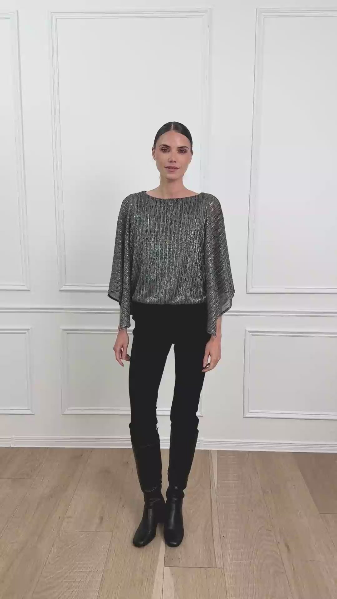 Sequined Pleated Knit Layered Top by Joseph Ribkoff, highlighting the pleated knit texture, shimmering sequin accents, and layered design. Photos include front, back, and close-up views to emphasize the fabric’s sparkle and construction details.