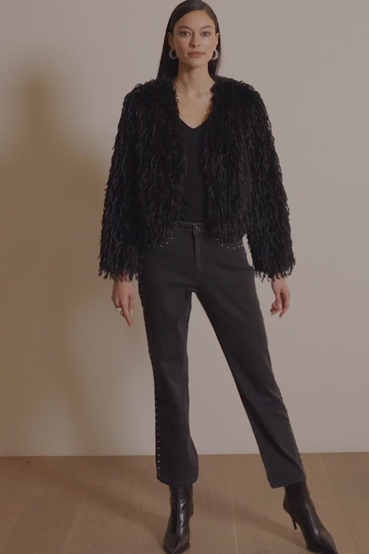 Classic Straight Leg Jeans by Joseph Ribkoff in charcoal grey, emphasizing the straight-leg fit, studded seam embellishments, and premium denim texture. Views include front, back, and detailed close-ups of stud detailing and fabric.